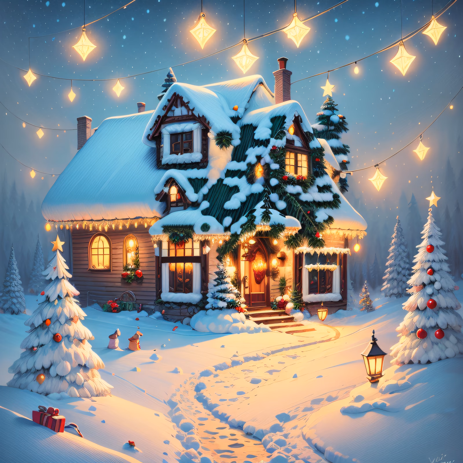 Snowy Christmas Cottage Storybook QR Code for Greeting Cards — image 1