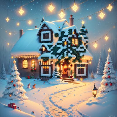 Snowy Christmas Cottage Storybook QR Code for Greeting Cards