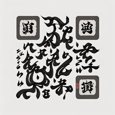 Black Ink Brush Calligraphy Black & White QR Code Art