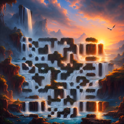 Sunset Waterfall Lake Matte Painting QR Code Art — image 1