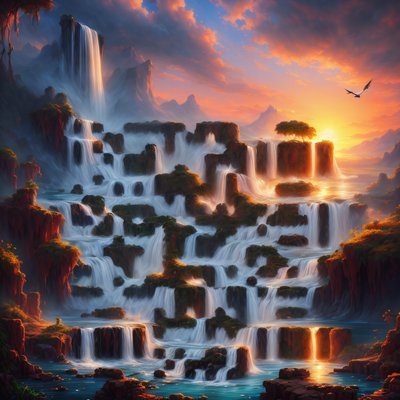 Sunset Waterfall Lake Matte Painting QR Code Art