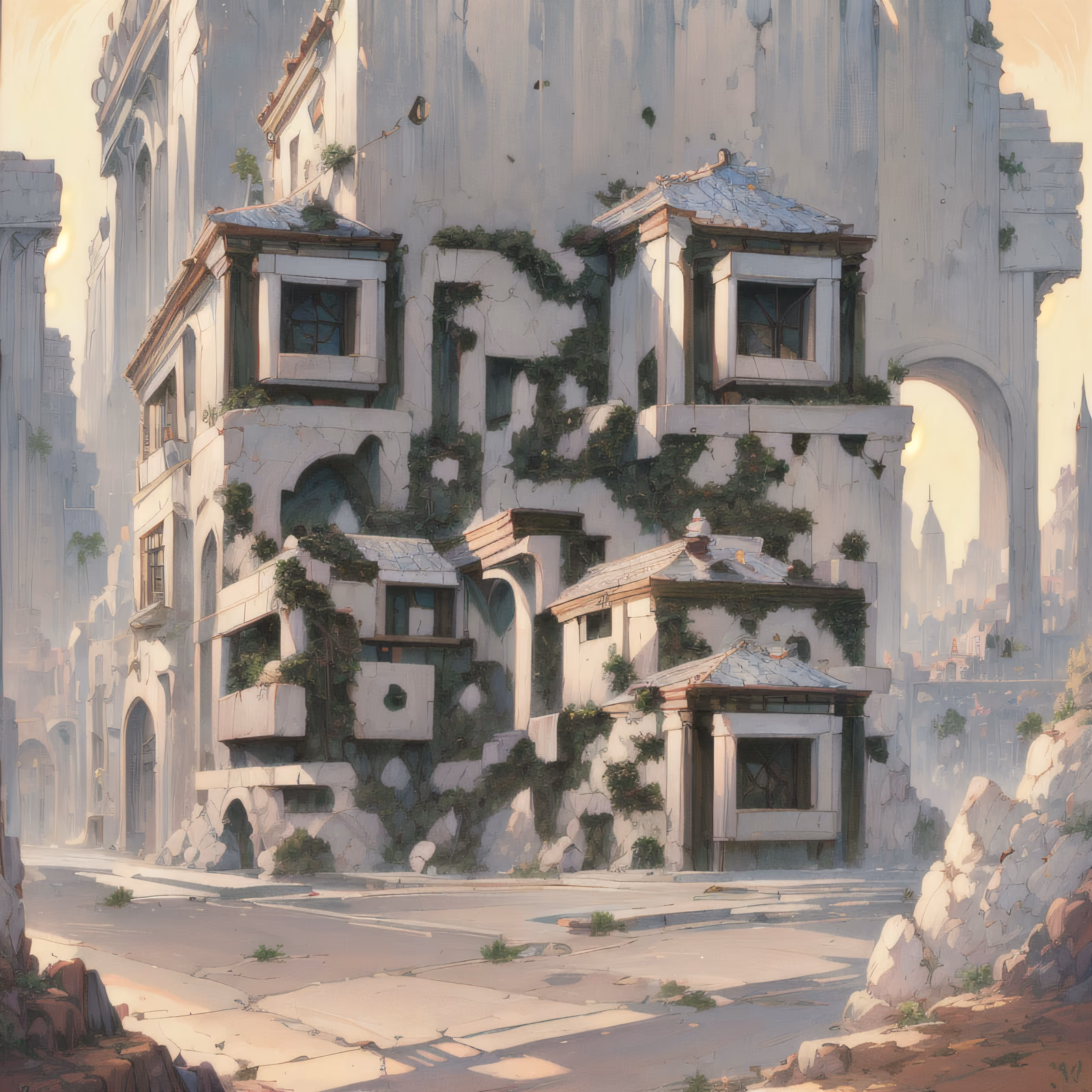 Заросшая руинами вилла на пустой улице, иллюстрация: QR-код — изображение 1