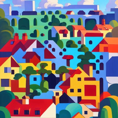 Colorful Hillside Town Gouache QR Code Art