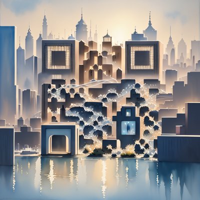 Misty Watercolor Cityscape QR Code Art
