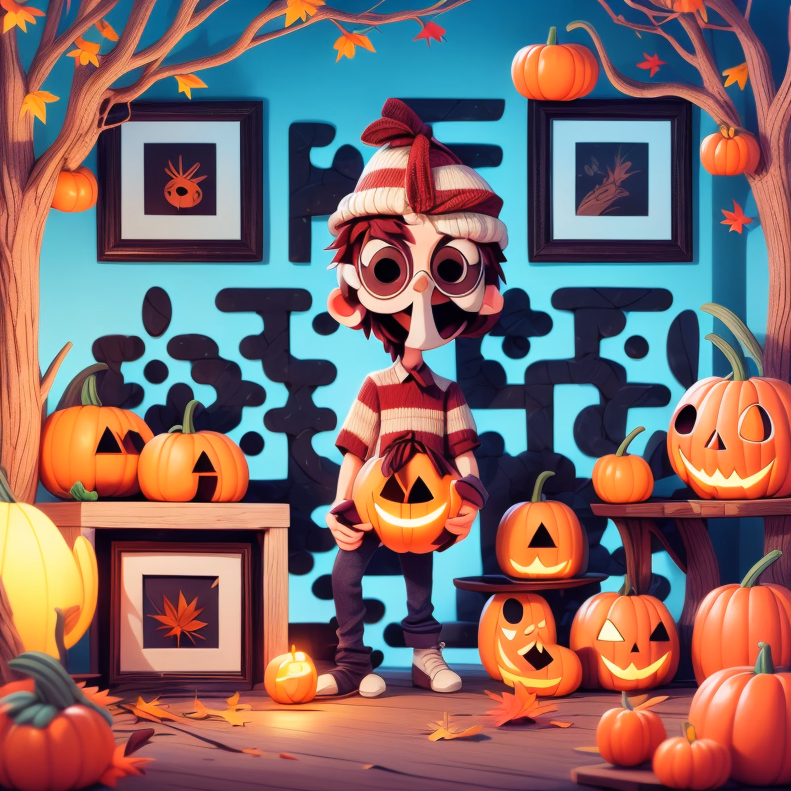 Ребёнок с тыквенными фонарями: 3D мультяшный QR-код для постеров — изображение 1