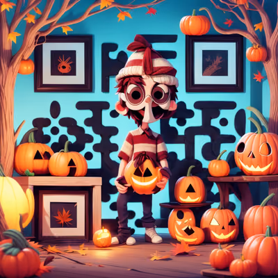 Ребёнок с тыквенными фонарями: 3D мультяшный QR-код для постеров — изображение 1