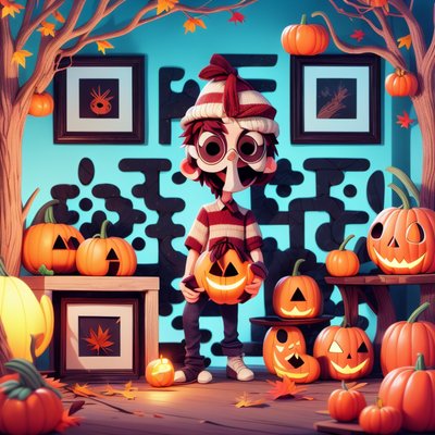 Kid with Jack-o'-Lanterns 3D Cartoon QR Code for Posters