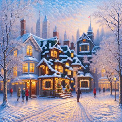 Snowy Christmas Village Painting Christmas Tree QR Code for Greeting Cards — image 1
