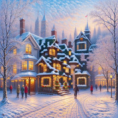 雪中圣诞村庄绘画圣诞树二维码艺术贺卡款