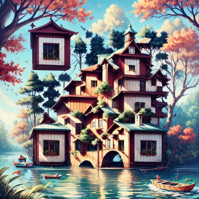 Lakeside Wooden House Digital Painting QR Code Art