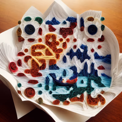Quilled Boat on Mountain Lake QR Code Art — image 1