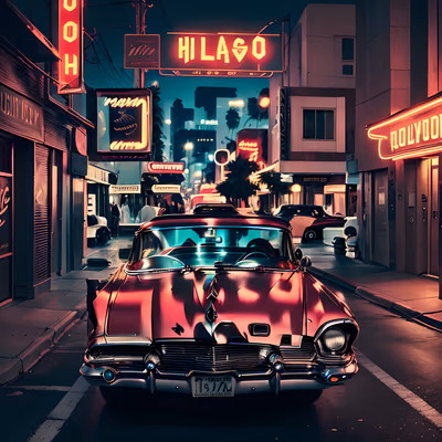 QR-код с неоновой голливудской улицей и классическим авто для постеров — изображение 1