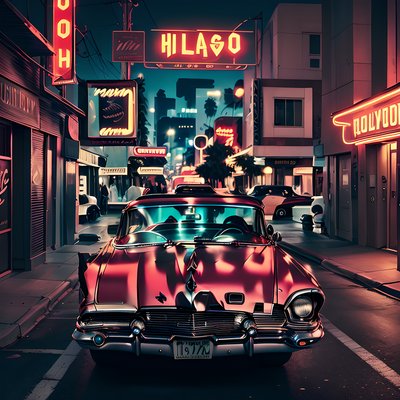 Neon Hollywood Street Classic Car QR Code for Posters