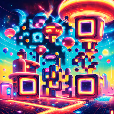 QR-код с ретрофутуристической неоновой станцией в небе для постеров — изображение 1