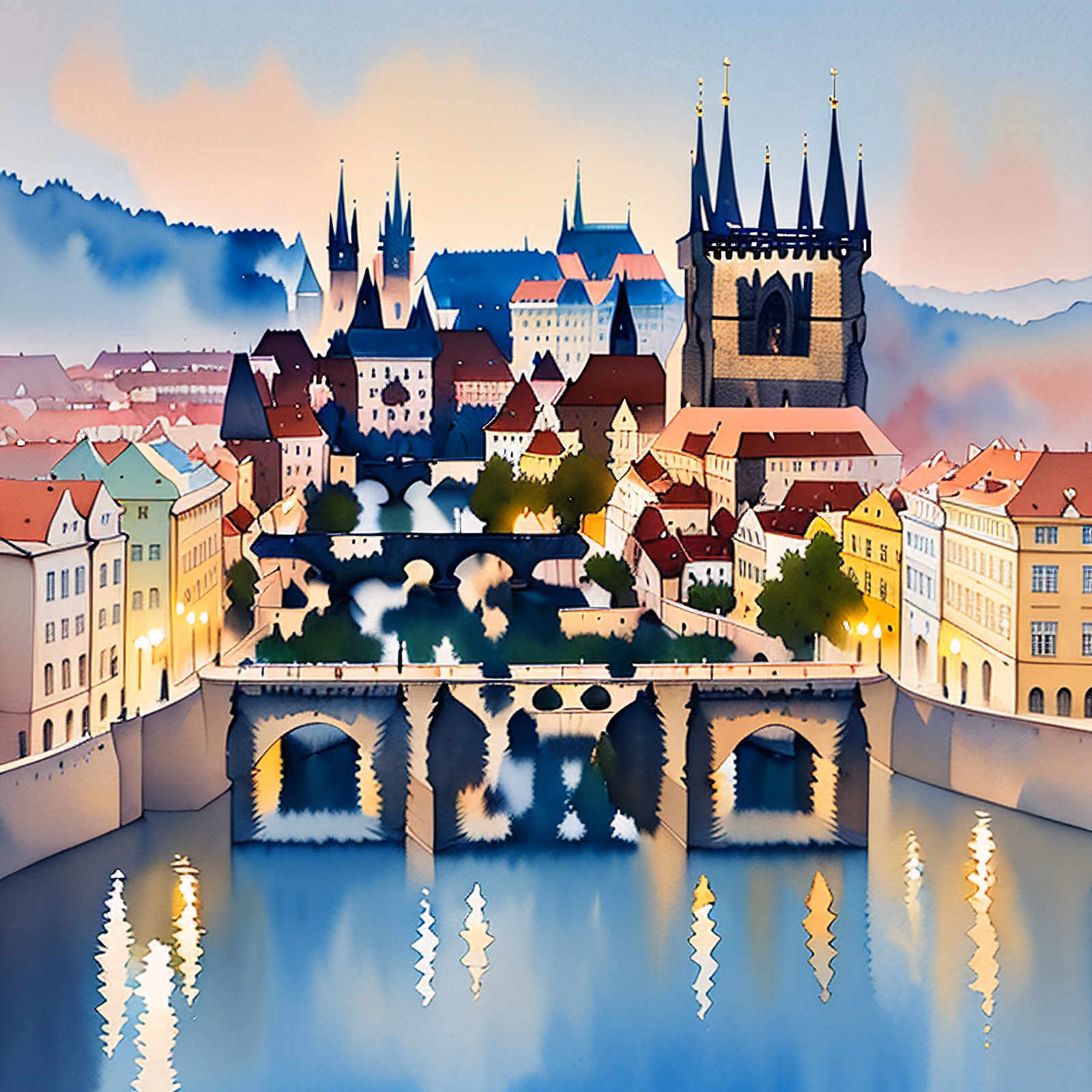 Prague Skyline Watercolor QR Code for Posters — image 1