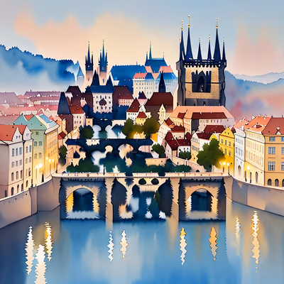 Prague Skyline Watercolor QR Code for Posters — image 1