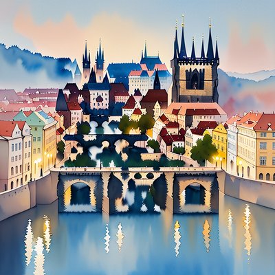 Prague Skyline Watercolor QR Code for Posters