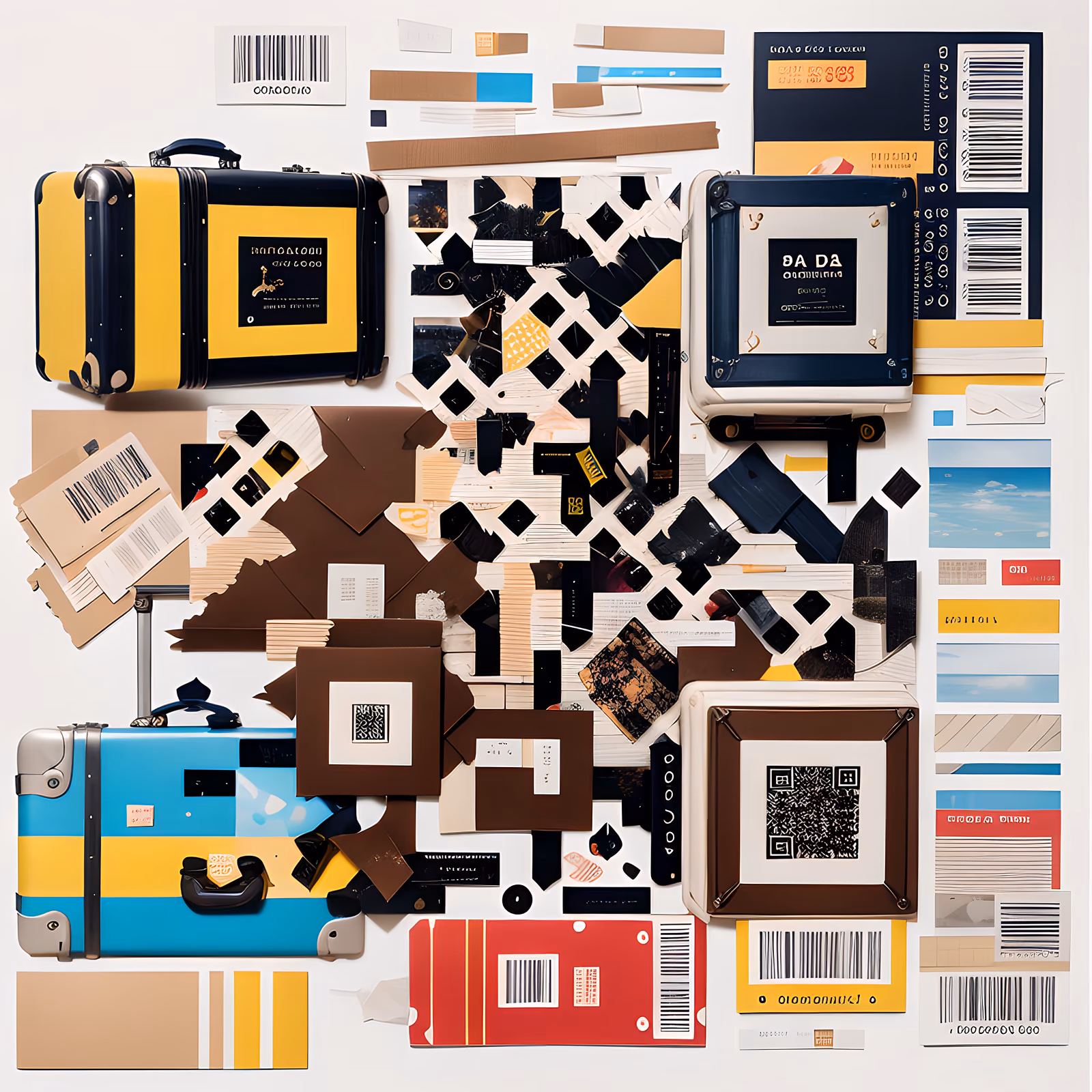 Чемоданы и штрихкоды: QR-код в стиле дада-коллажа для постеров — изображение 1