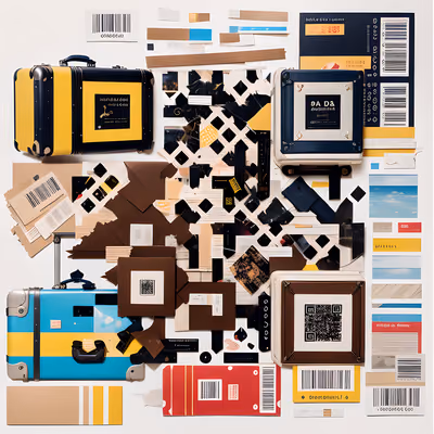 Чемоданы и штрихкоды: QR-код в стиле дада-коллажа для постеров — изображение 1