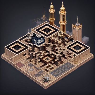 Isometric Steampunk City Block QR Code for Posters