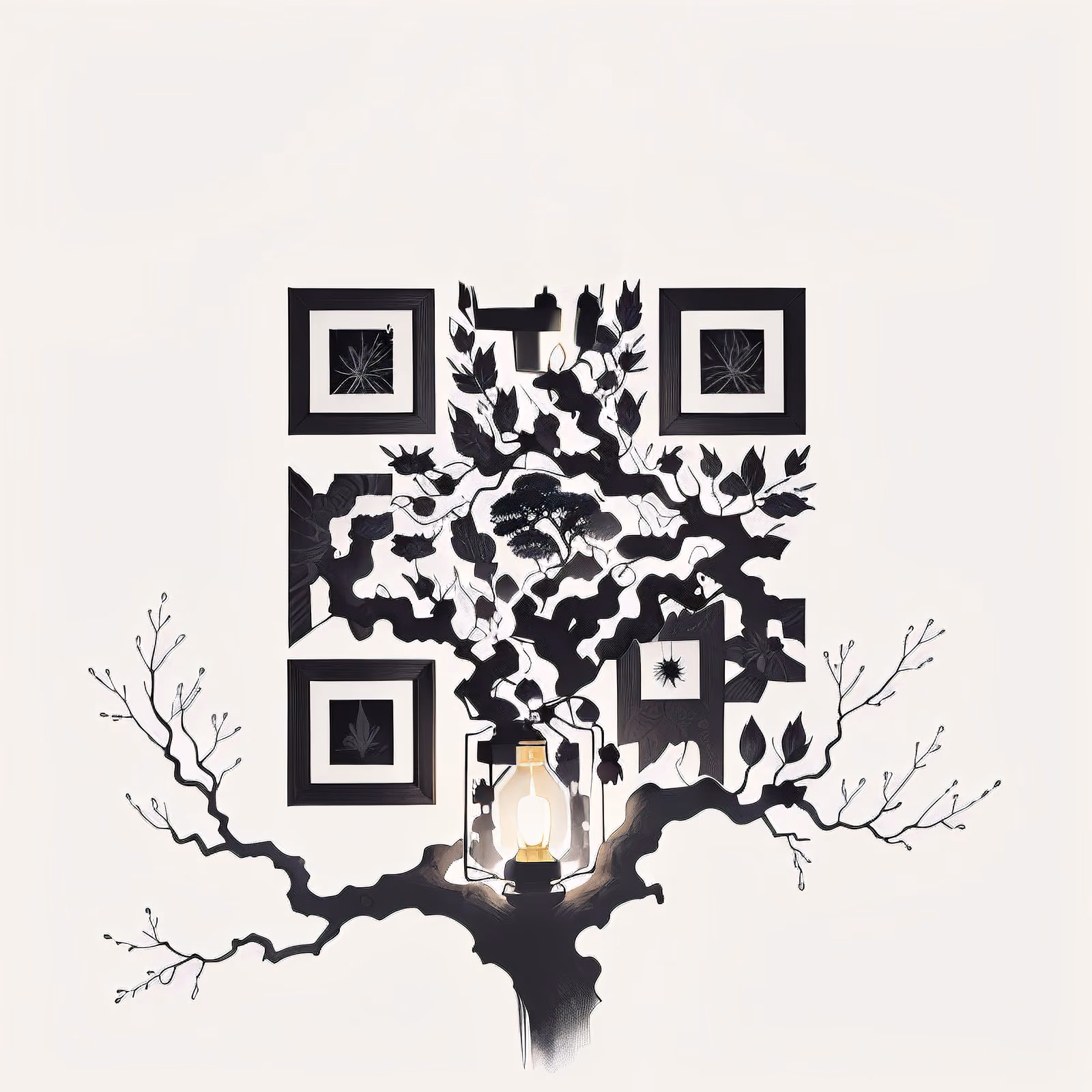 Фонарь у дерева, чернильный силуэт: QR-код — изображение 1