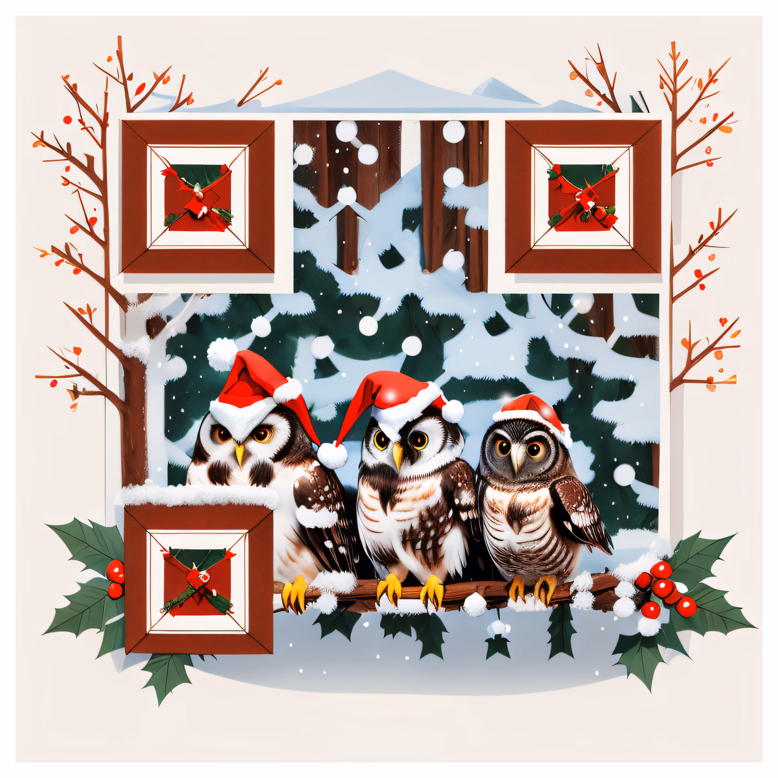 Santa Hat Owls Winter Forest QR Code for Greeting Cards — image 1