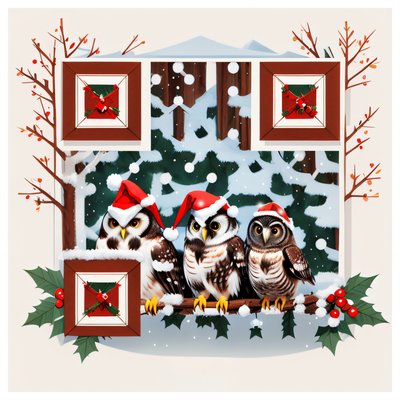 Santa Hat Owls Winter Forest QR Code for Greeting Cards