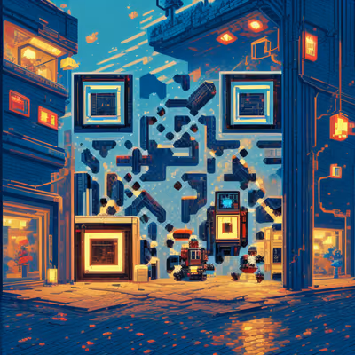 Pixel Art Cyberpunk Robot Street QR Code Poster — image 1