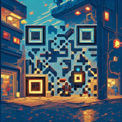 Pixel Art Cyberpunk Robot Street QR Code Poster