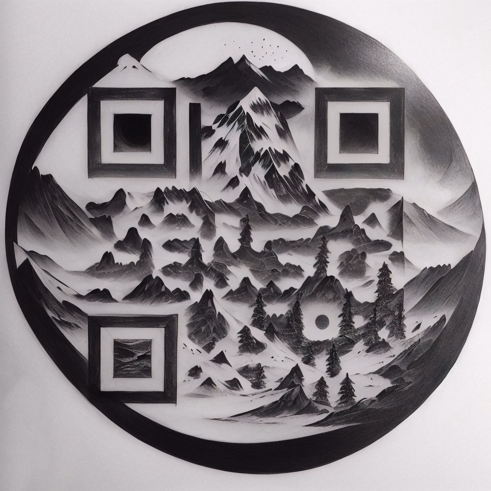 Mountain Range Circle Tattoo QR Code for Temporary Tattoos — image 1
