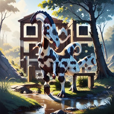 Spotted Dinosaur Riverbank Concept Art QR Code for Posters