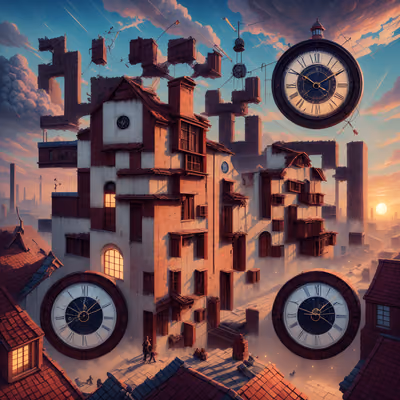 Surreal Brick Clock Town Fantasy QR Code Art — image 1
