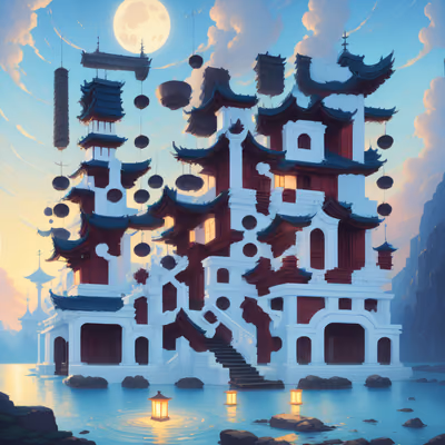 Moonlit Lake Pagoda Matte Painting QR Code Art — image 1
