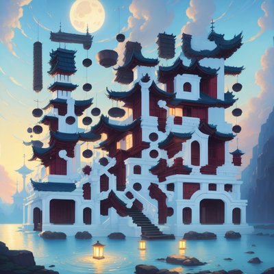 Moonlit Lake Pagoda Matte Painting QR Code Art