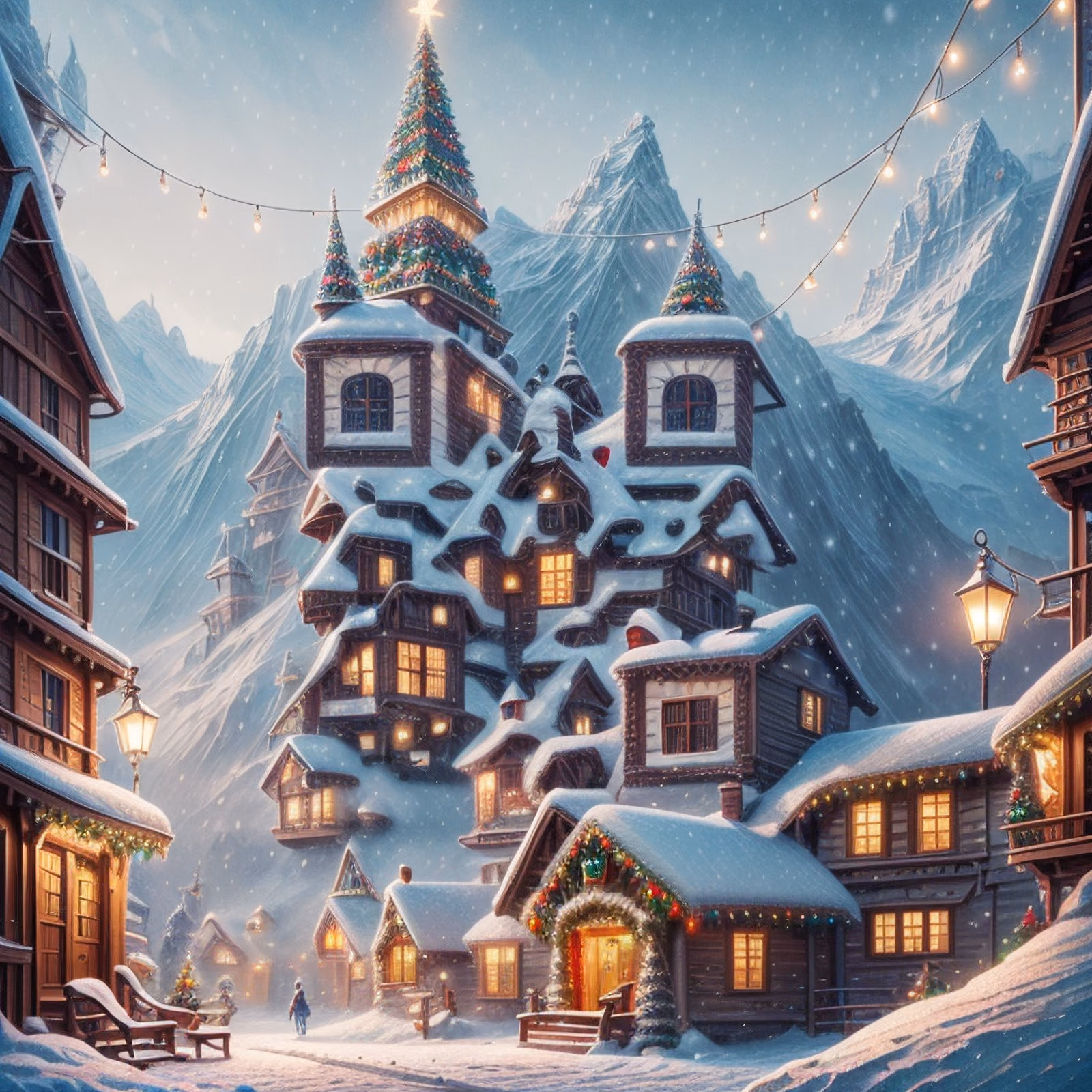 Snowy Christmas Village Digital Painting Building QR Code for Greeting Cards — image 1