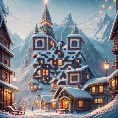 Snowy Christmas Village Digital Painting Building QR Code for Greeting Cards