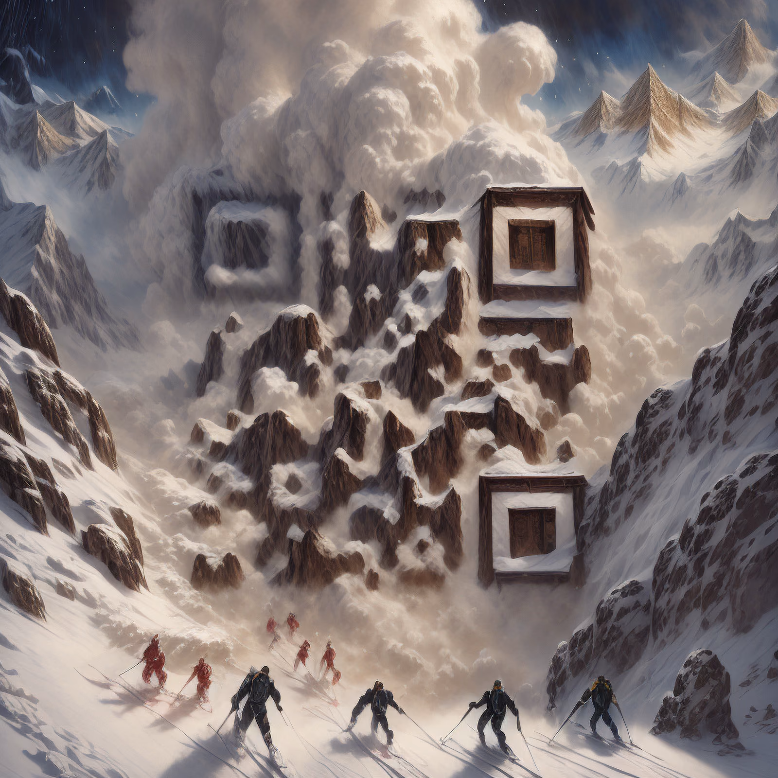 雪崩滑雪者山景绘画二维码艺术,适用于海报 — 图片 1
