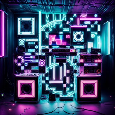 Неоновая диджейская стойка в киберпанк стиле: QR-код с музыкальной нотой для постеров