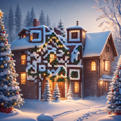 Snowy Christmas House 3D Render Wreaths QR Code for Greeting Cards — image 1