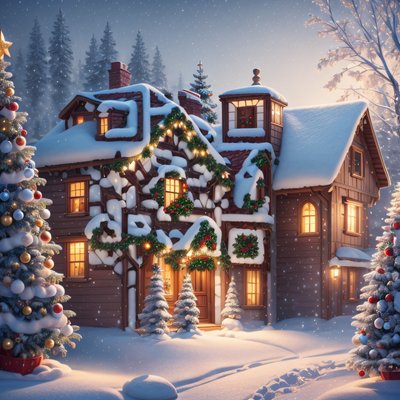 Snowy Christmas House 3D Render Wreaths QR Code for Greeting Cards