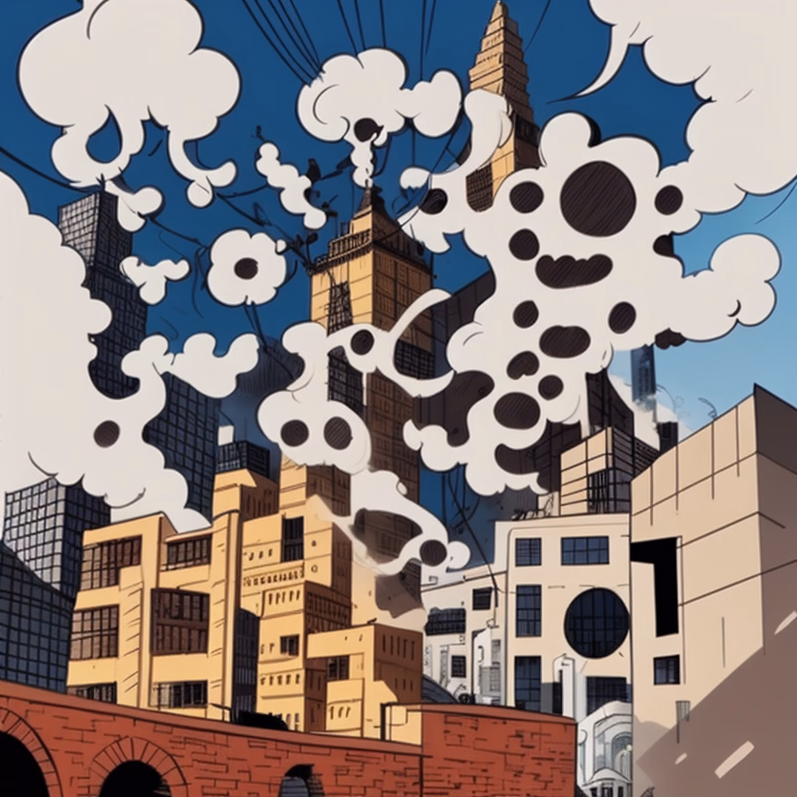 漫画风城市烟云二维码艺术,适用于海报 — 图片 1