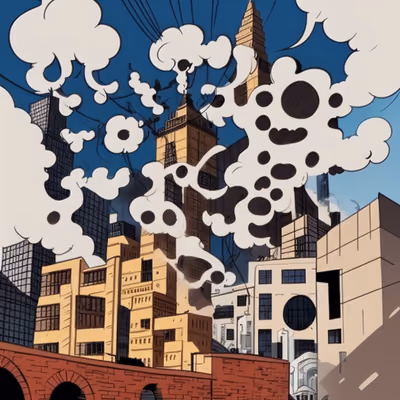 漫画风城市烟云二维码艺术,适用于海报 — 图片 1