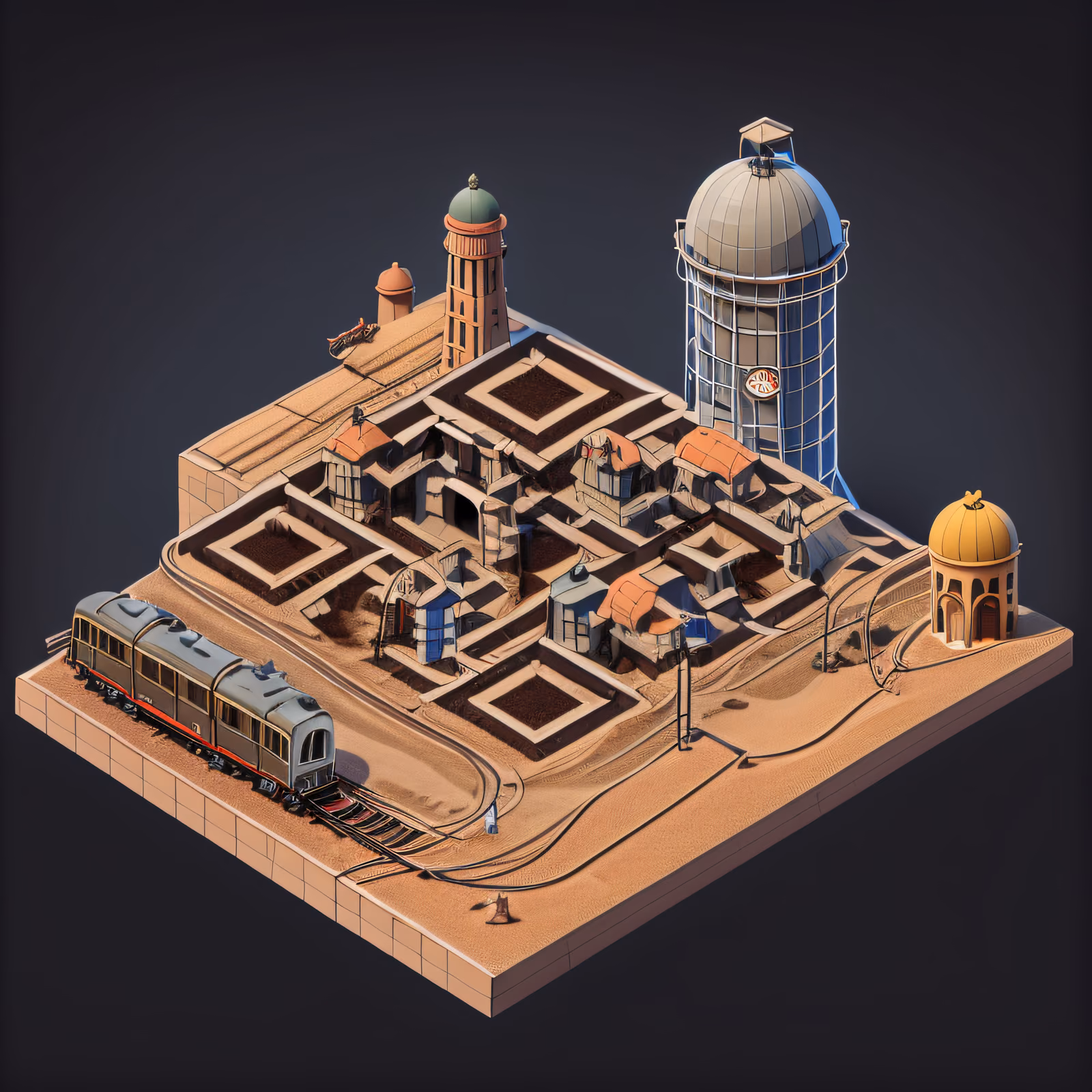 Isometric Desert Train Station 3D QR Code for Posters — image 1