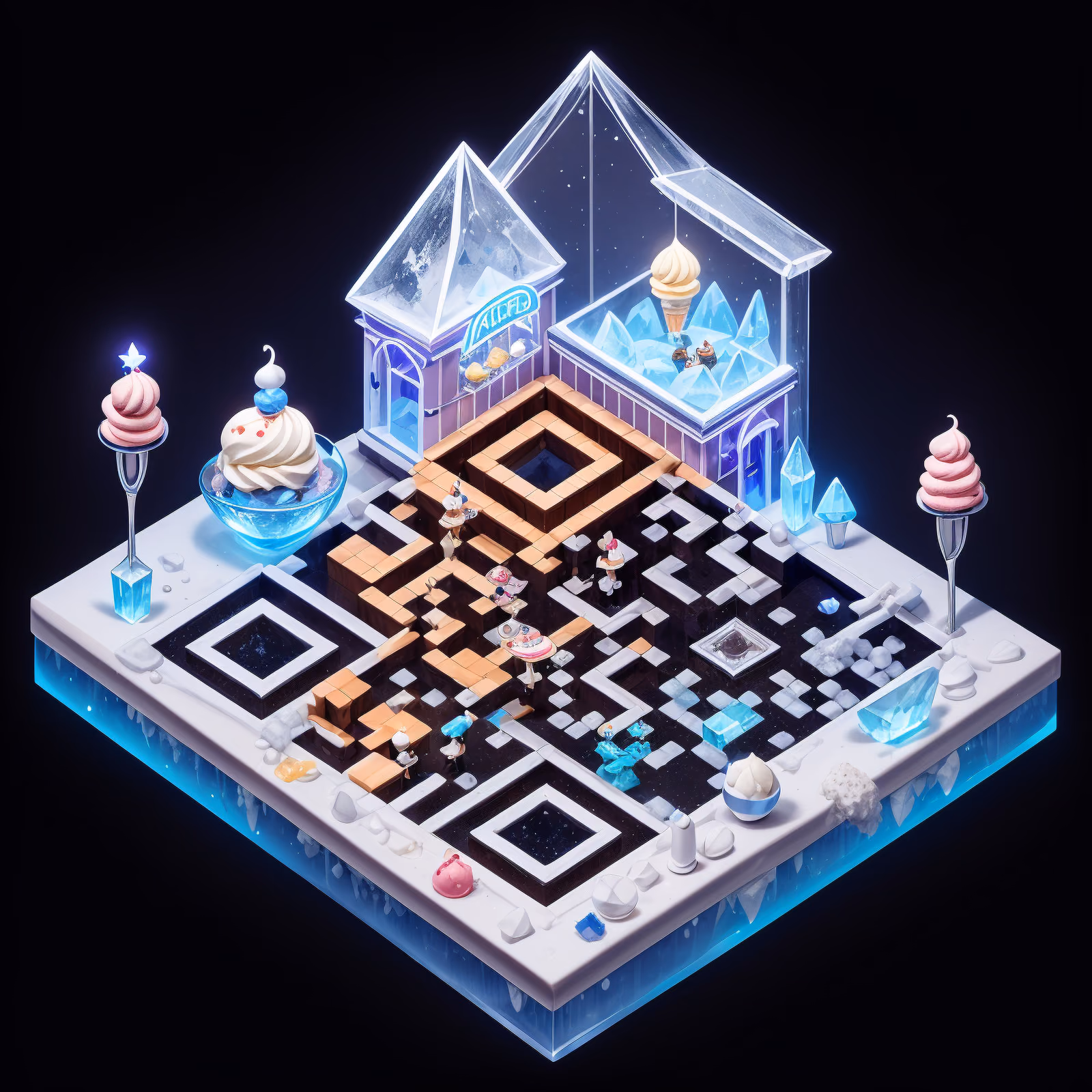Изометрическая диорама кафе-мороженого, QR-код для постеров — изображение 1