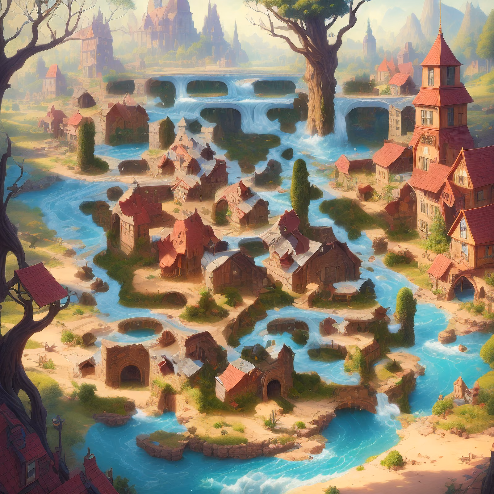 Fantasy River Village Matte Painting QR Code Art — image 1