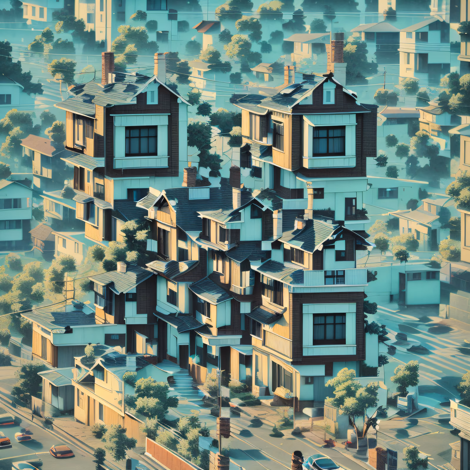 Бирюзовые пригородные дома, 3D-рендер, QR-код для постеров — изображение 1