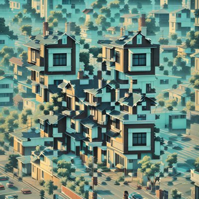 青绿色郊区住宅3D渲染二维码艺术,适用于海报