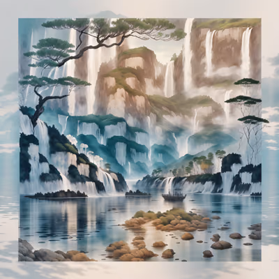 Misty Waterfall Cliffs Ink Wash QR Code Art — image 1