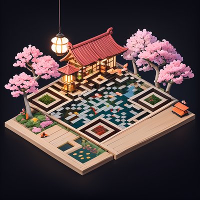 Isometric Sakura Sushi Bar Garden QR Code for Restaurant Menus