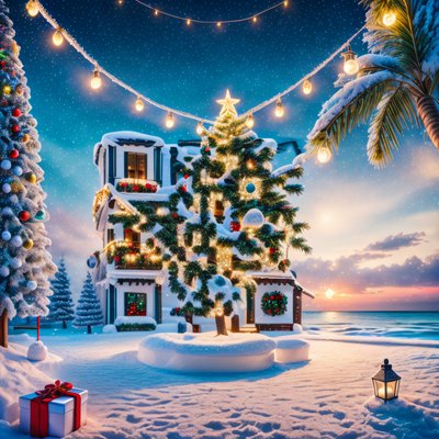 Snowy Seaside Christmas Tree Painting QR Code for Greeting Cards